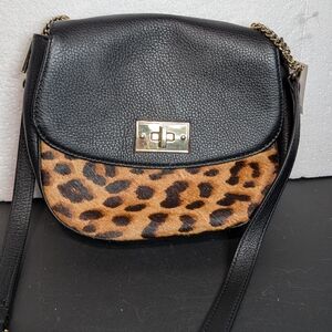 NWT Talbots Leopard Print Black Leather Crossbody Bag